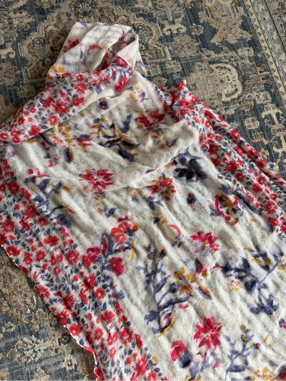 100% Wool Lucky Brand Floral Knit Scarf in White with Red, Blue & Yellow Accents